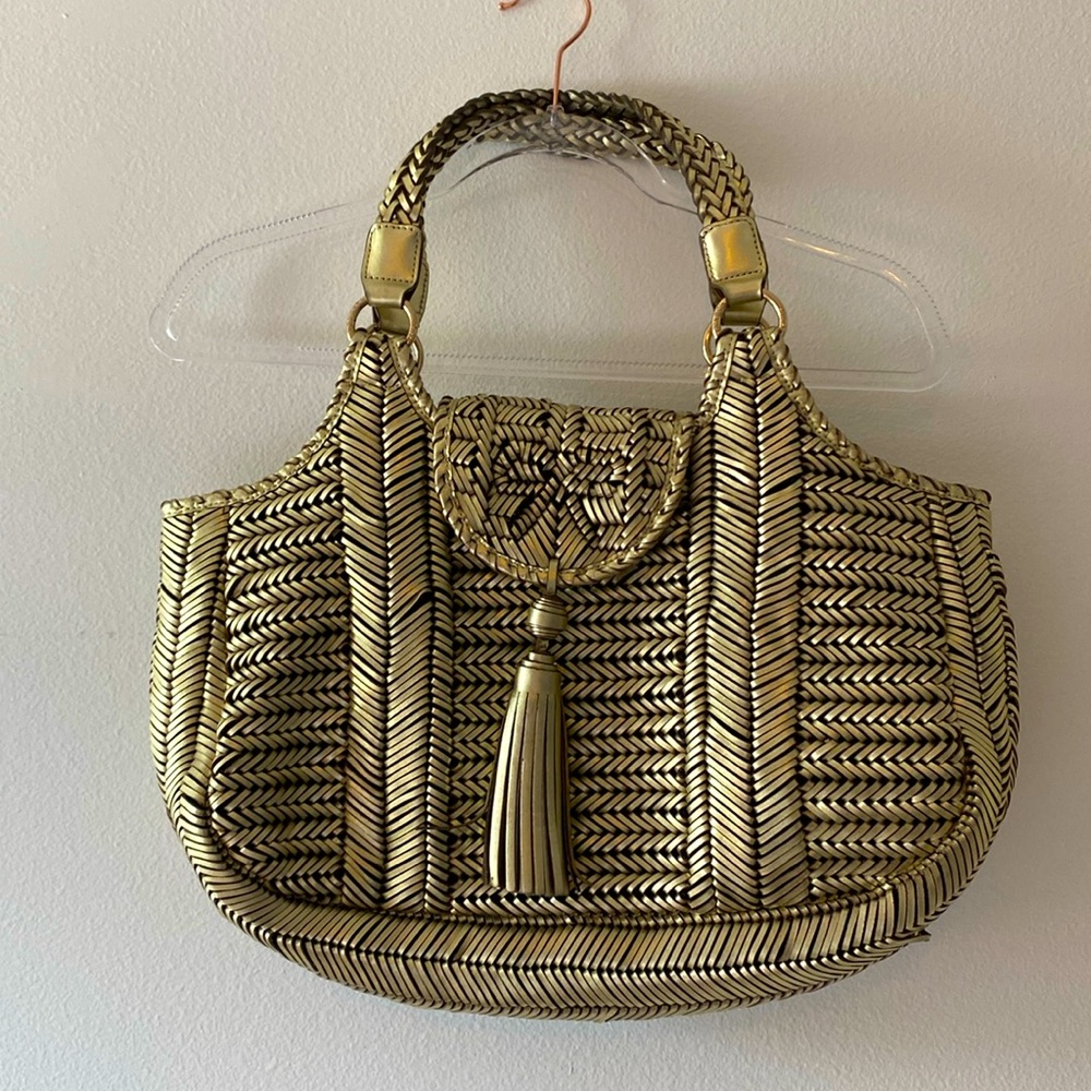 Braided leather metallic tote woven